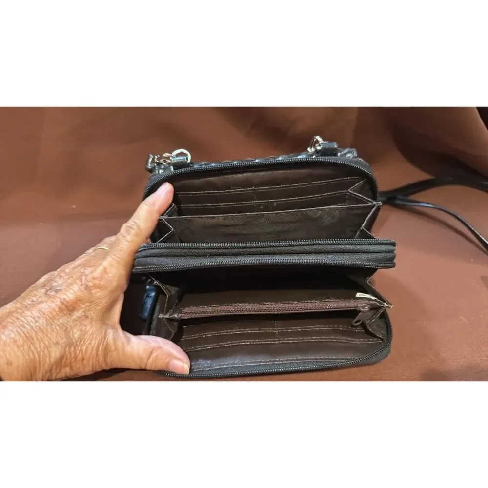Fashion Crossbody Double Zippered Black & Brown Wallet Carry All Handbag